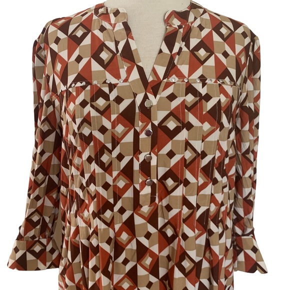 COCOMO Medium Brown Orange White 3/4 sleeve women's Pintuck Blouse top shirt - Picture 7 of 16